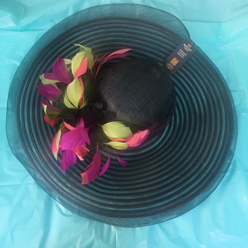 NWT Kentucky Derby Scala Big Brim Multi Colored Feather Sinemay Mesh Hat